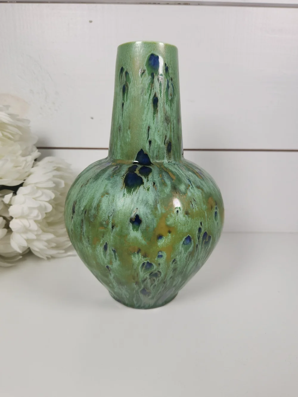 Vintage Peacock Feather Design Pottery Vase | Green & Blue Glazed Art Vase